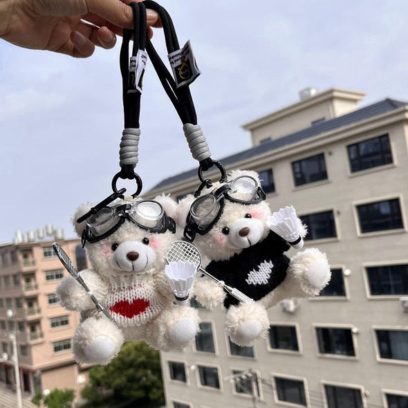Shy Bear Plush Keychain with Badminton Racket CKEY0026